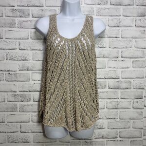 Eileen Fisher Natural Beige Hand Knit Linen Blend Tape Open Weave Rib Tank Top M
